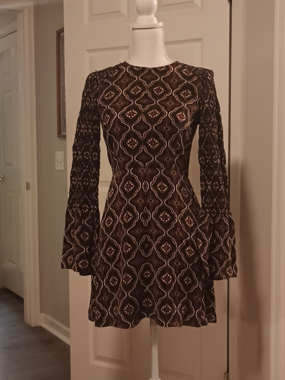A.L.C. Brown Patterned Mini Dress with Flared Sleeves